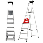 Scala domestica in alluminio KADAX a 7 gradini pieghevole con ripiano, portata massima 125 kg, prodotto polacco.