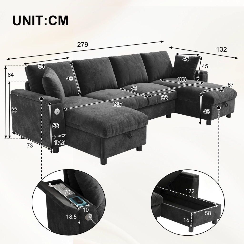 Divano a U con chaise longue e vano contenitore, 1 USB e 1 Type-C, in chenille grigio 279 × 135 × 84 cm