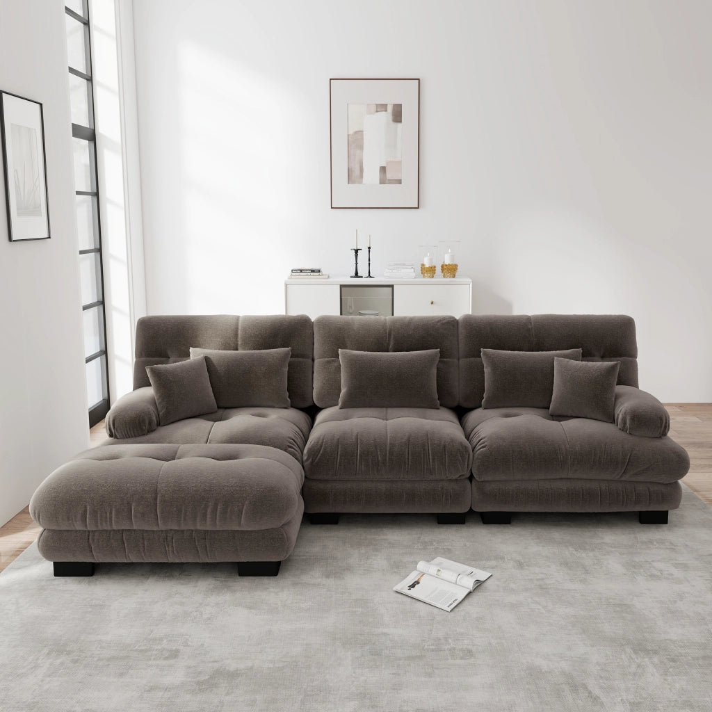 Divano angolare modulare in chenille con pouf seduta profonda schienale ergonomico e cuscini per soggiorno marrone