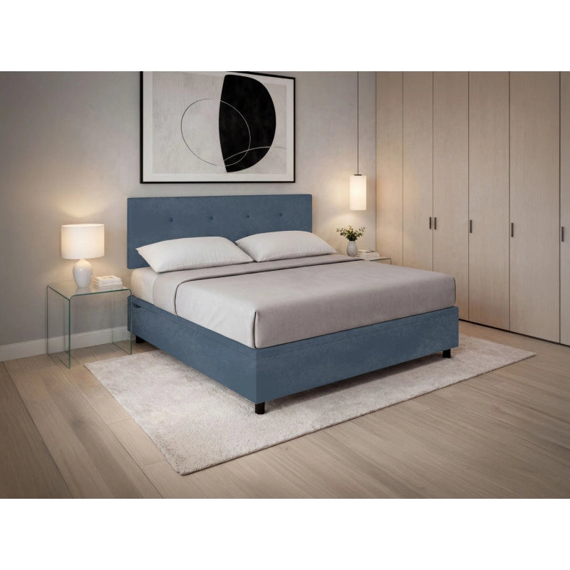 Letto imbottito Matrimoniale 180x200 cm Button - Contenitore,Microfibra,Blu