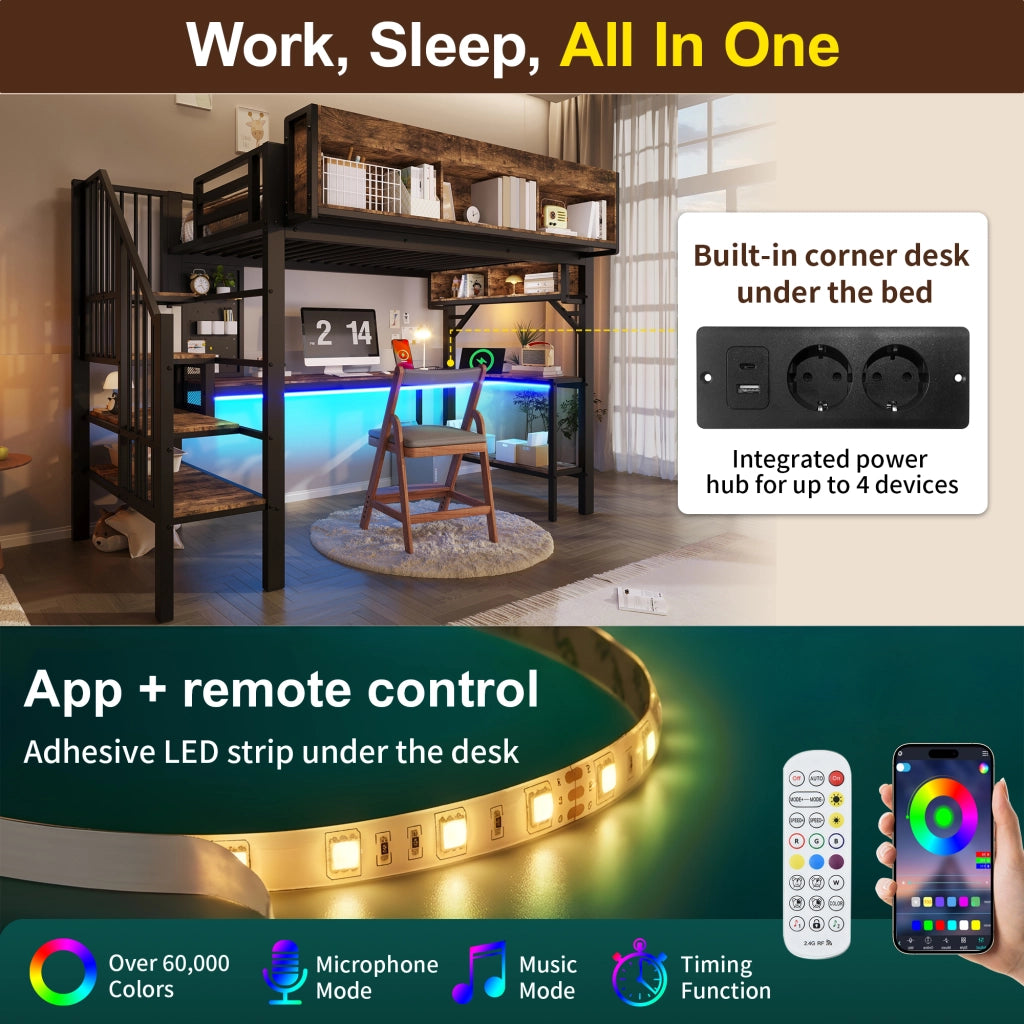 DESMIU Lit a soppalco 90 × 200 cm 1 posto con scrivania angolare, ripiano, LED, USB e Type-C, senza materasso, legno metallo nero