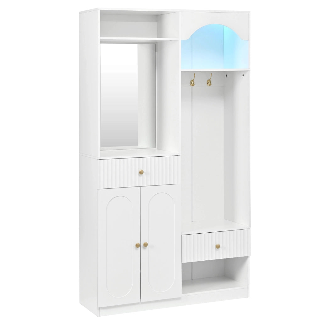 Guardaroba da ingresso 100x35x180 cm con specchio; appendiabiti; panca e LED in MDF bianco