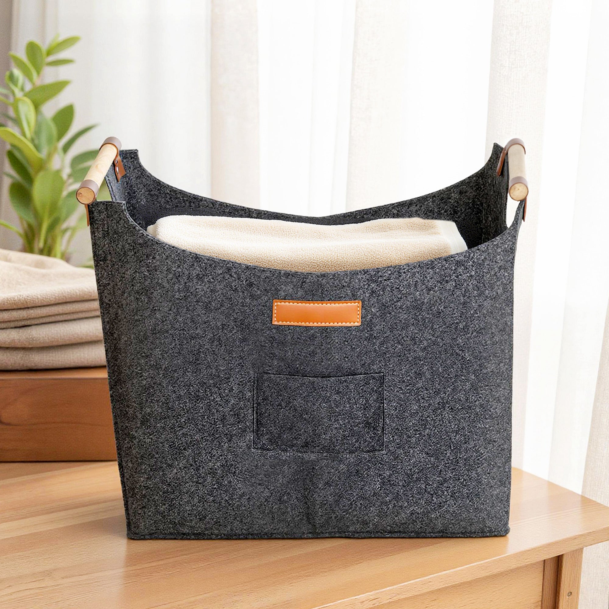 Borsa Portalegna da Interno con Manici in Legno 45x32x40 cm in Feltro Grigio Scuro