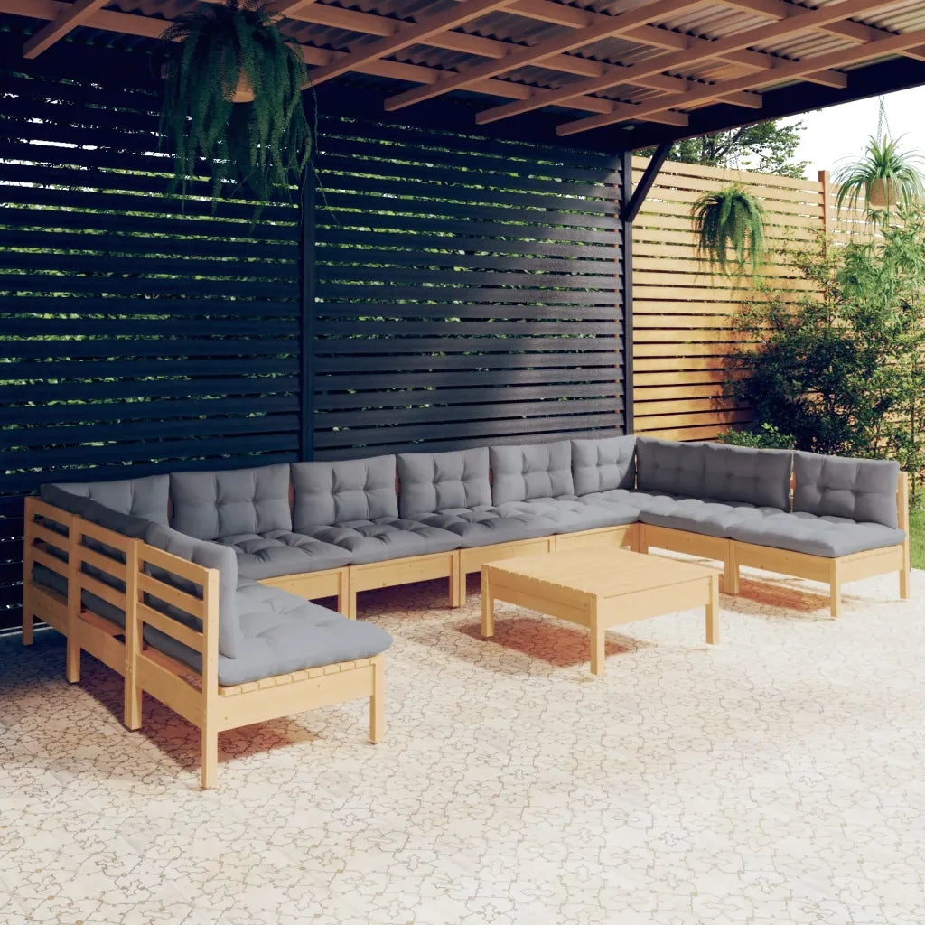 Set Divani da Giardino 11 pz con Cuscini Grigi Massello di Pino 3097192