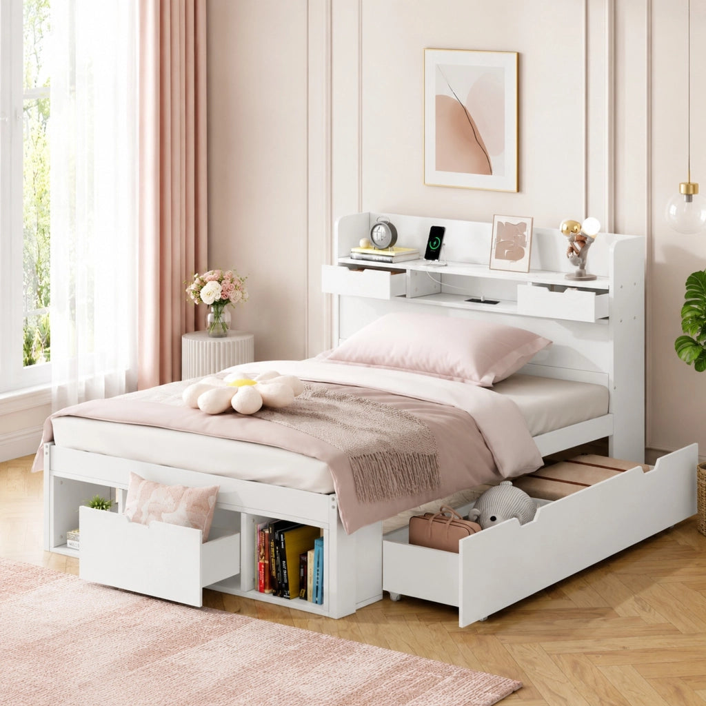 Letto singolo multifunzione 90x190 cm con USB; prese e vani contenitore bianco