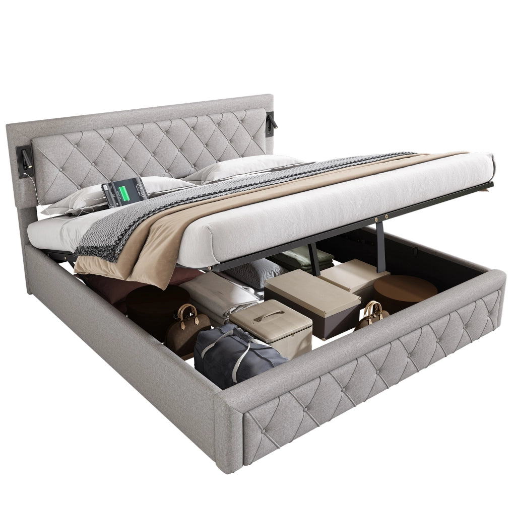 Letto matrimoniale contenitore 180x200 cm; LED e porte USB; lino grigio
