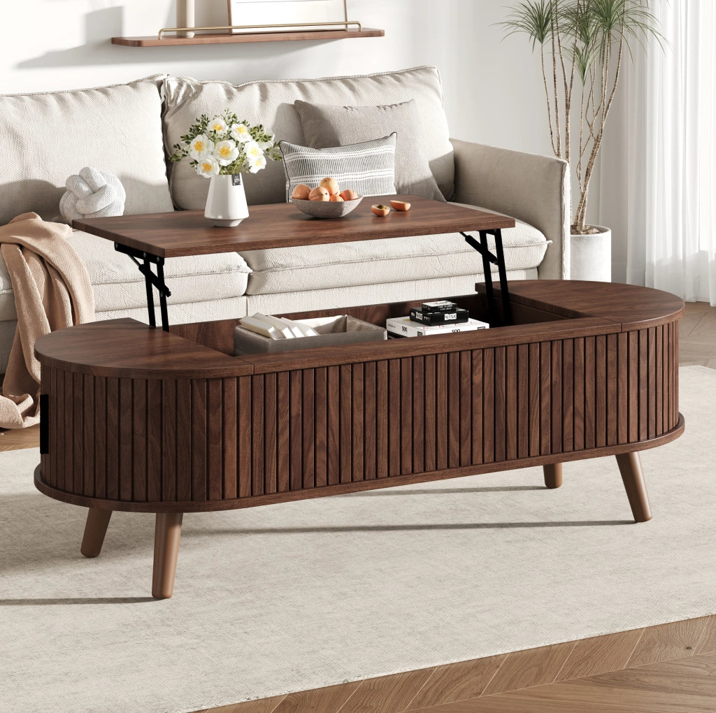 Tavolino da caffè sollevabile 120x50 cm con vano contenitore e ripiani noce