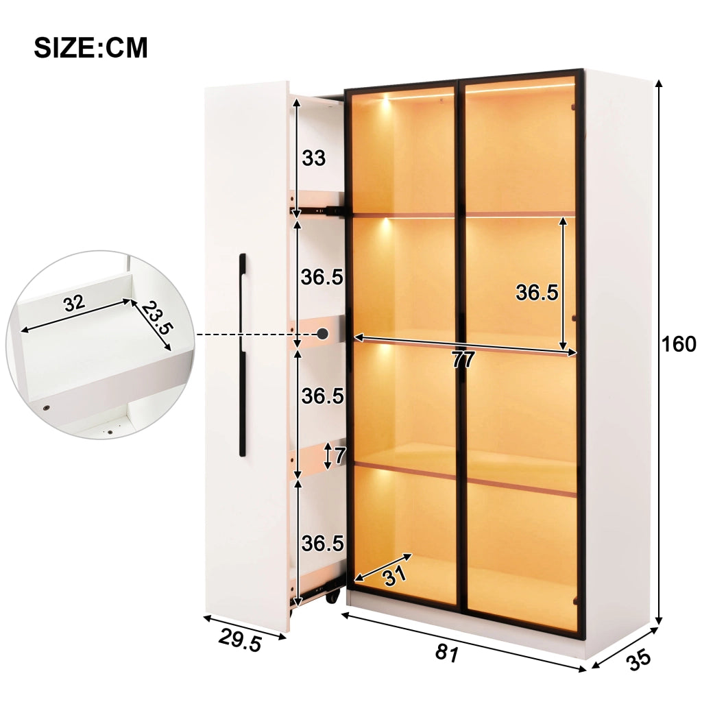 Vetrina con Anta in Vetro e LED; con Ampio Cassetto Laterale Estraibile; Stile Moderno; in MDF; Bianco; 110;5??35??160 cm