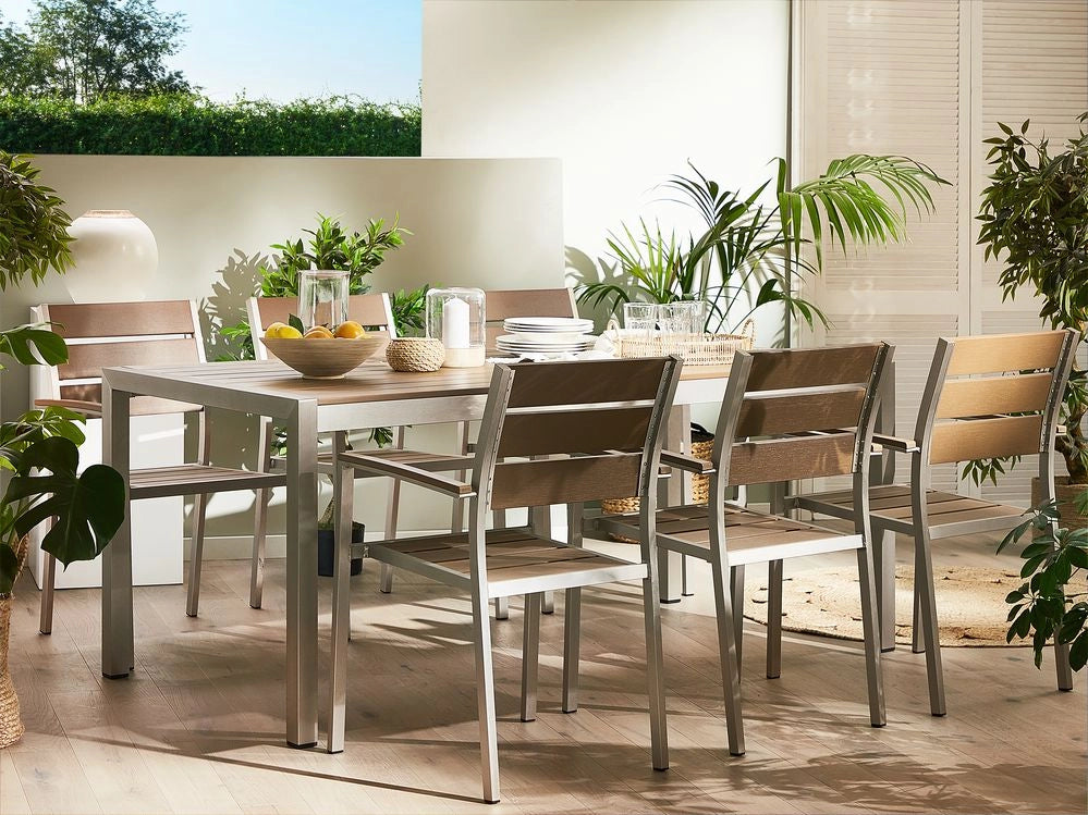 Set da Giardino 6 Sedie Tavolo Rettangolare Marroni in Legno e Alluminio Anodizzato