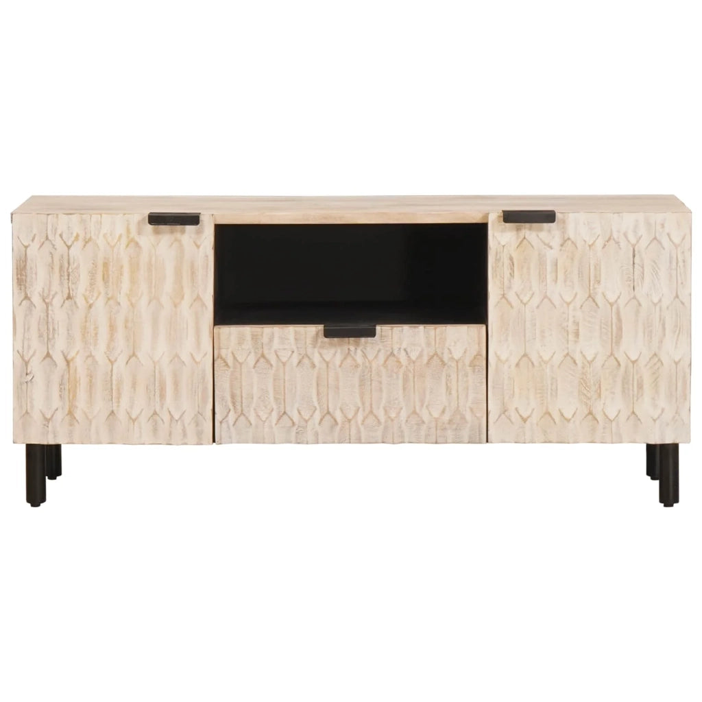 Mobile TV moderno con cassetto e contenitore 105 x 33 x 46 cm legno massello di mango bianco 02_0057766