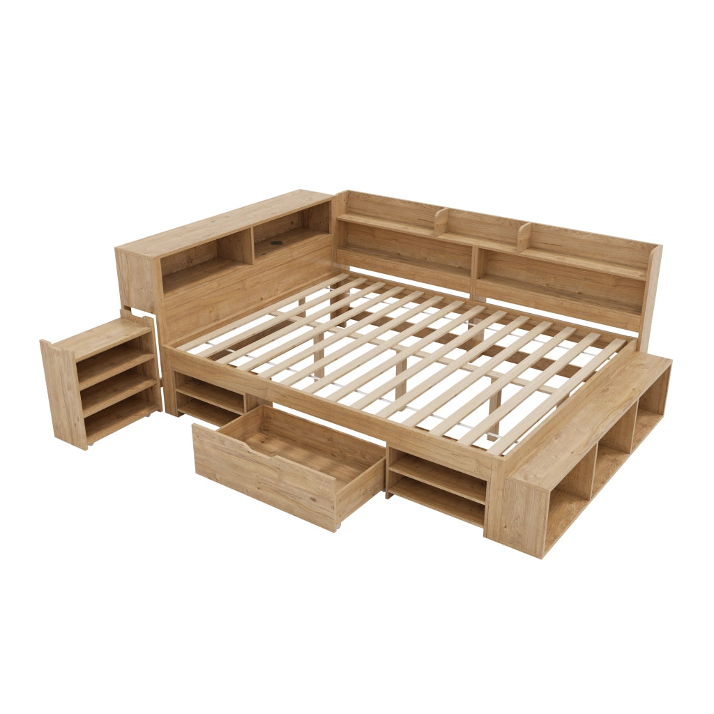 Letto singolo 140x200 cm con contenitore, cassetti e scaffali, colore naturale
