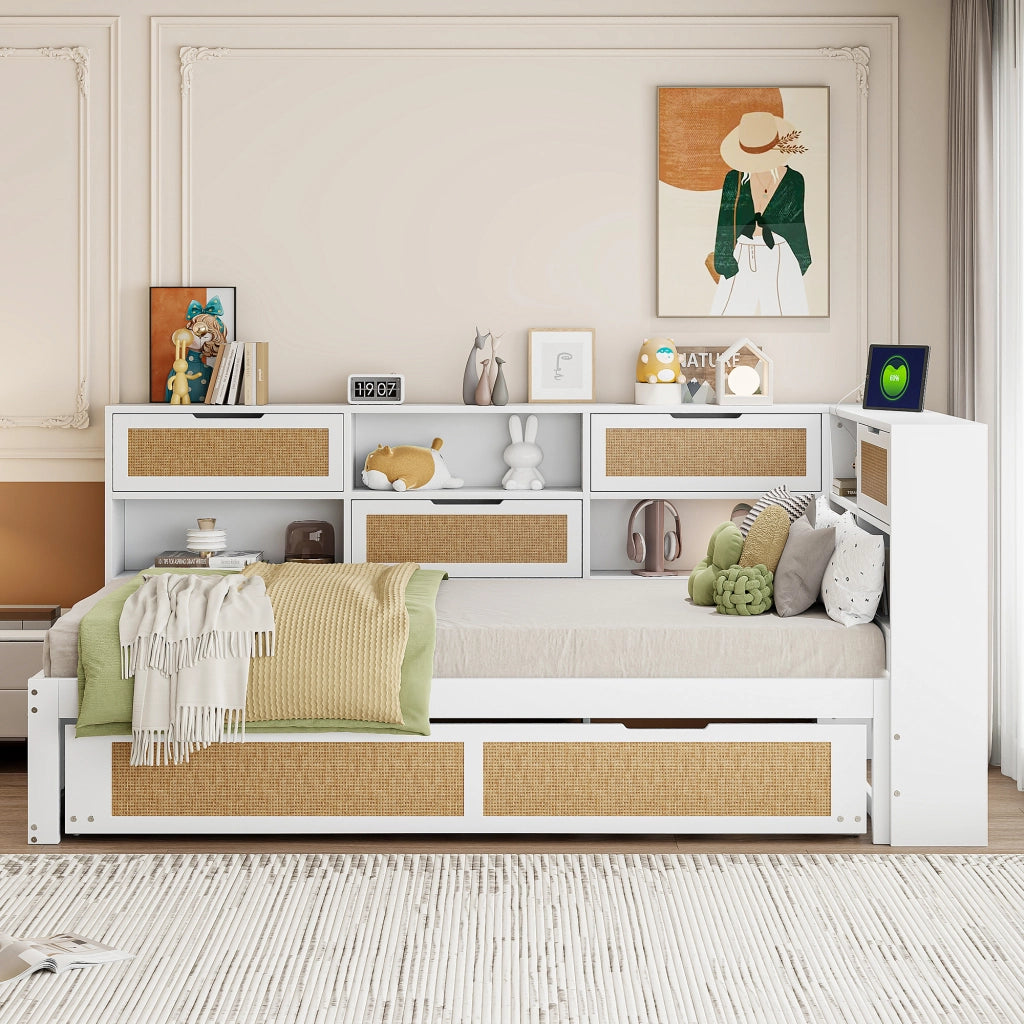 OKWISH Letto Divano 90×200 cm, Letto Singolo con Letto Estraibile 90×190 cm, USB, Prese e Contenitori, senza Materasso, in Legno, Bianco