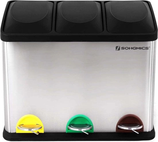 Contenitore di Rifiuti - Cassetto di Rifiuti Cucina - 45 Litri (3 x 15 L) - Emme da Piatto in Acciaio Inox - Argento / Nero