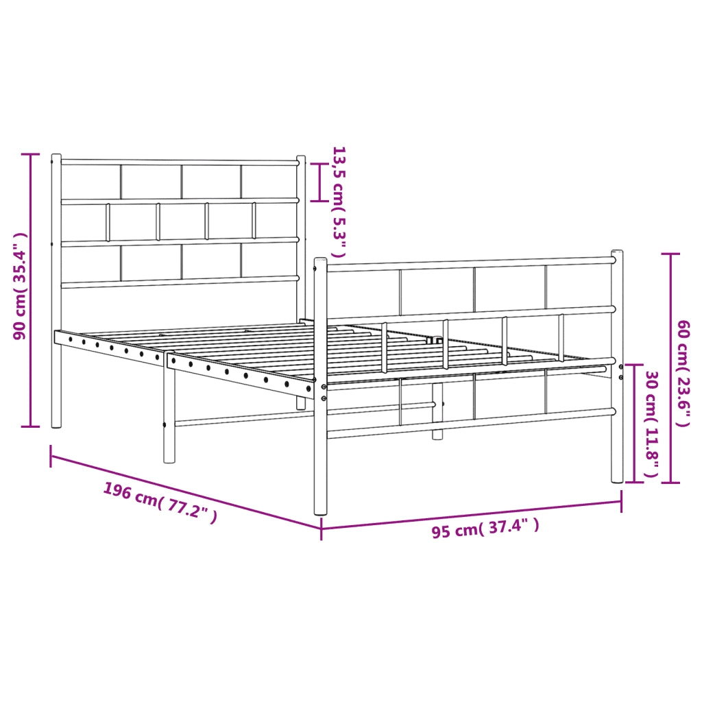 Letto singolo | Letto per adulti | Giroletto con Testiera e Pediera Metallo Nero 90x190 cm