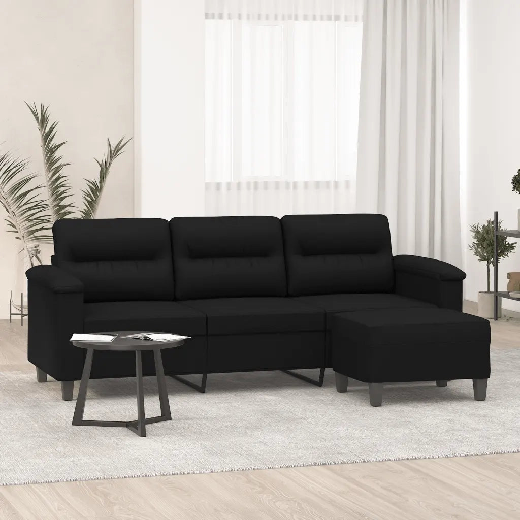 vidaXL Divano a 3 Posti con Poggiapiedi Nero 180cm Tessuto Microfibra