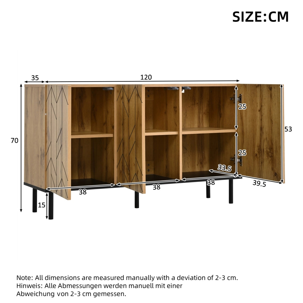 Sideboard moderno 120x35x70 cm con 3 ante, motivo ondulato e gambe in metallo