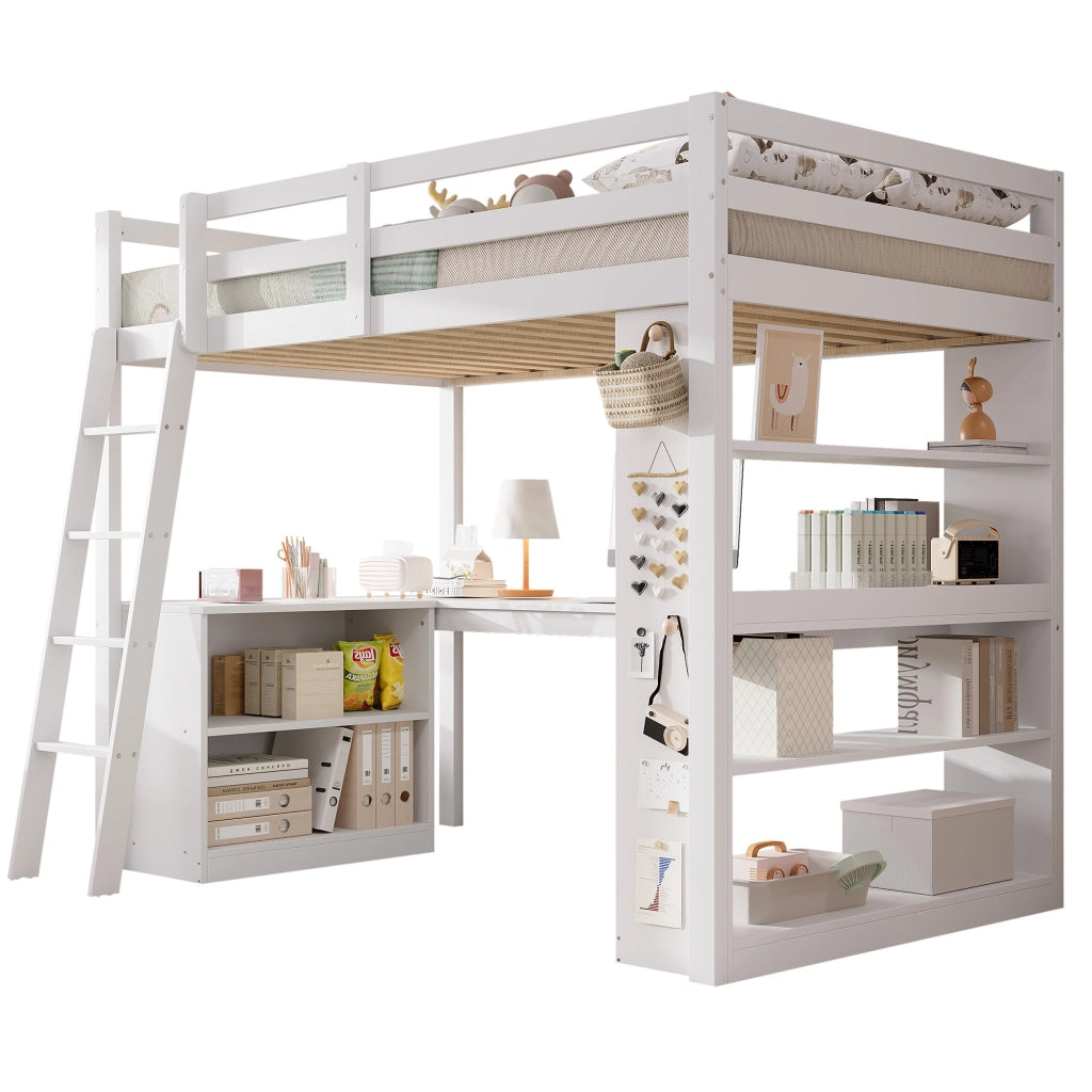 Letto a soppalco per bambini con scaffale e scala, 90x200 cm, bianco