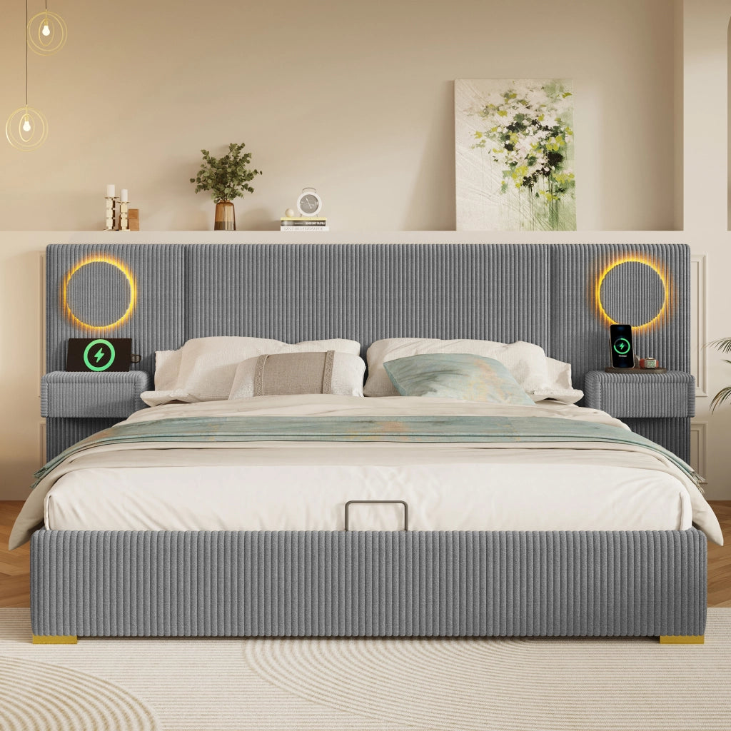 Letto Contenitore 180x200 cm con USB; LED e sollevamento idraulico; in Velluto; Grigio