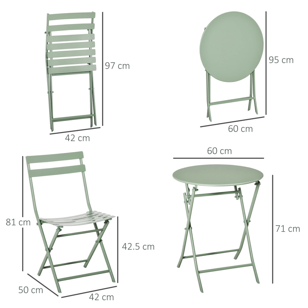 Set da Giardino 3 Pezzi Pieghevoli in Acciaio, 2 Sedie 42x50x81 cm e Tavolino ?60x71 cm, Verde
