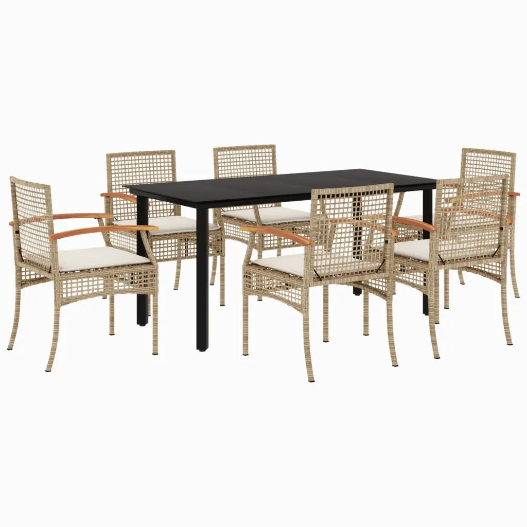 Set da Pranzo da Giardino 7 pz con Cuscini Beige in Polyrattan