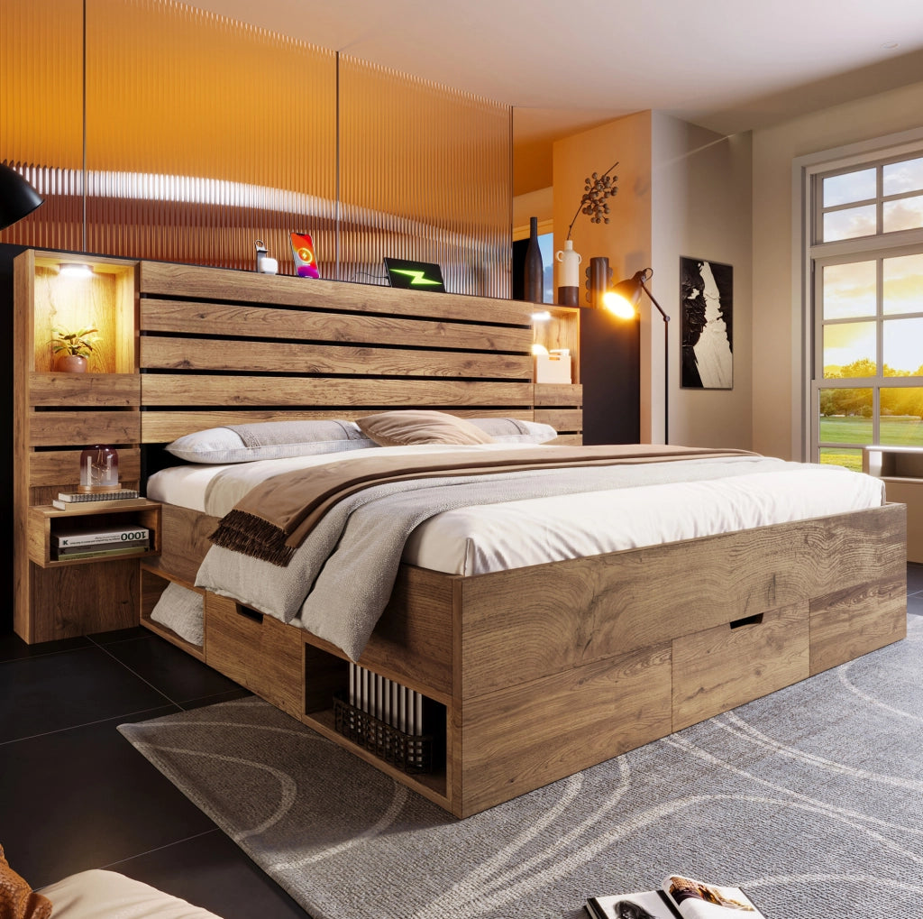Letto matrimoniale 180x200 cm con LED, USB-C e cassetti