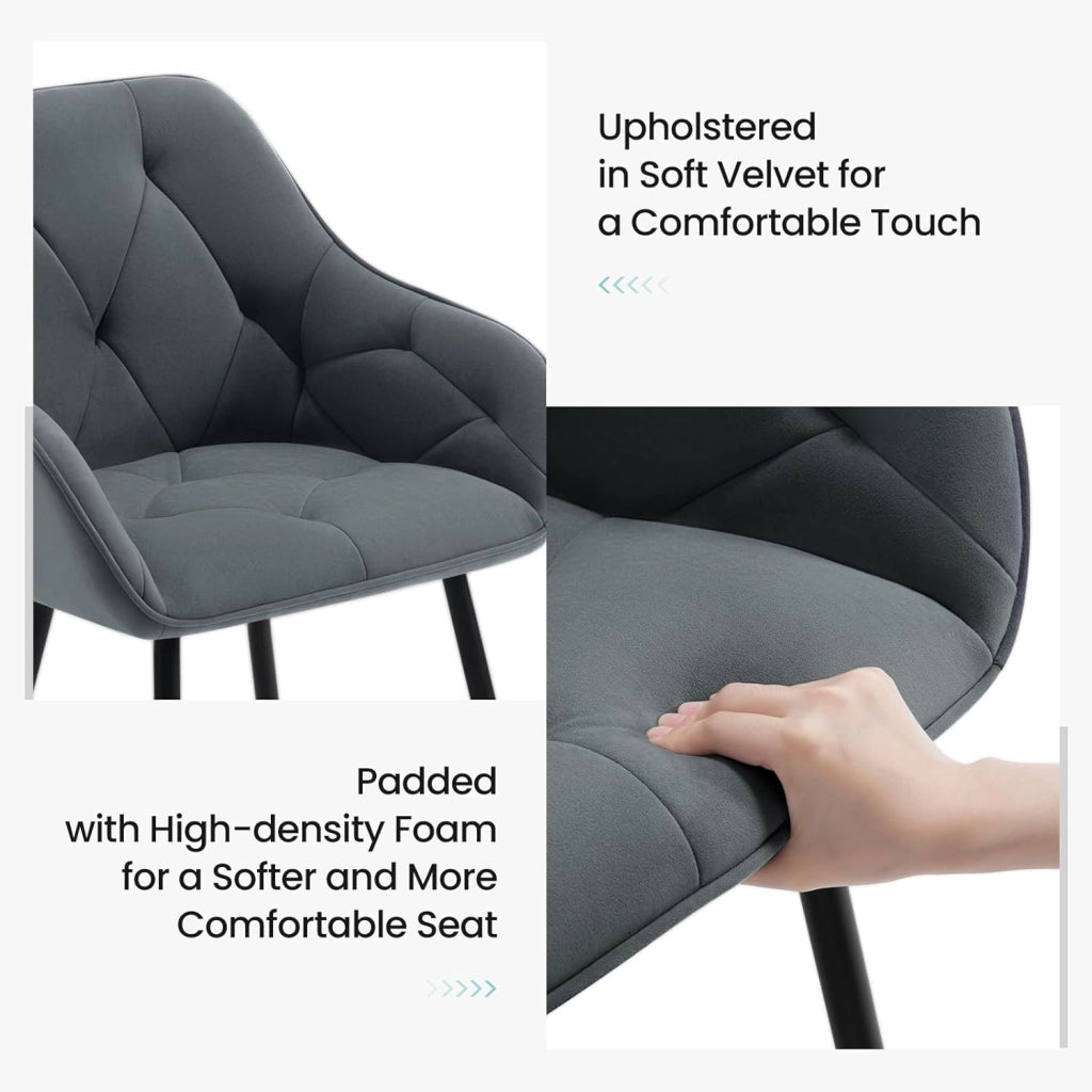 Sedia per Sala da Pranzo con Braccioli e Schienale, in Velluto, Poltrona da Salotto con Gambe in Metallo, Sedia ergonomica per Ufficio, Bar, Grigio Scuro, EZS02dgr-1