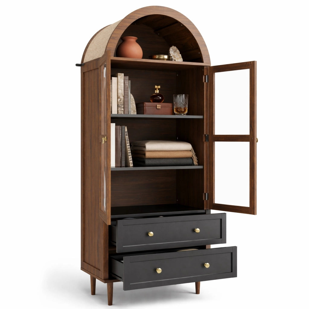 Credenza moderna con ripiani regolabili e vetro rigato; 70x38x165 cm; noce