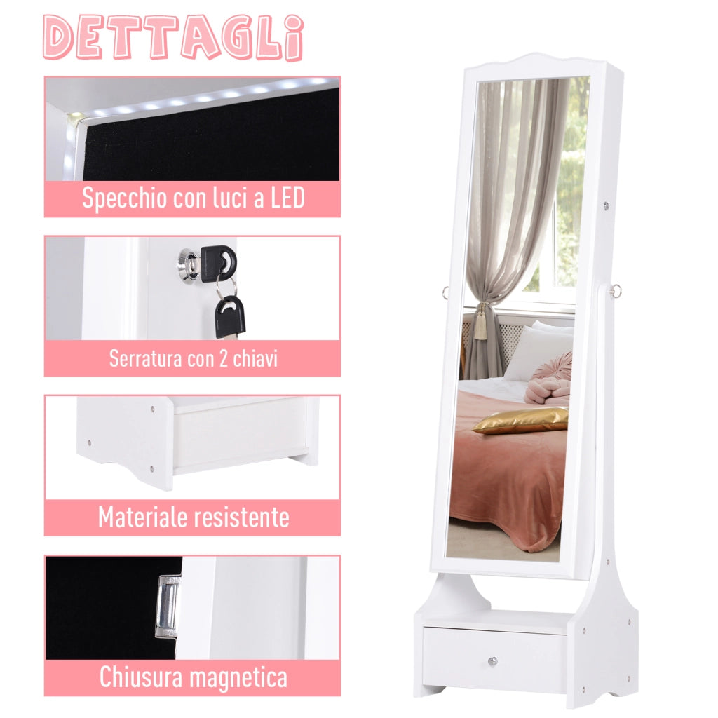 EasyComfort LED Portagioie Armadio per Gioielli con Specchio con Base a Cassettiera cassetto Organizzatore Gioielli e Accessori 45x36x150 cm