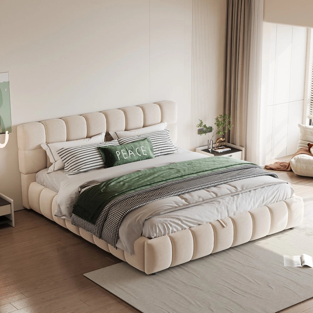 Letto Matrimoniale Imbottito Contenitore ¨C MINIMAL ¨C Velluto Beige 140x190 cm Idraulico