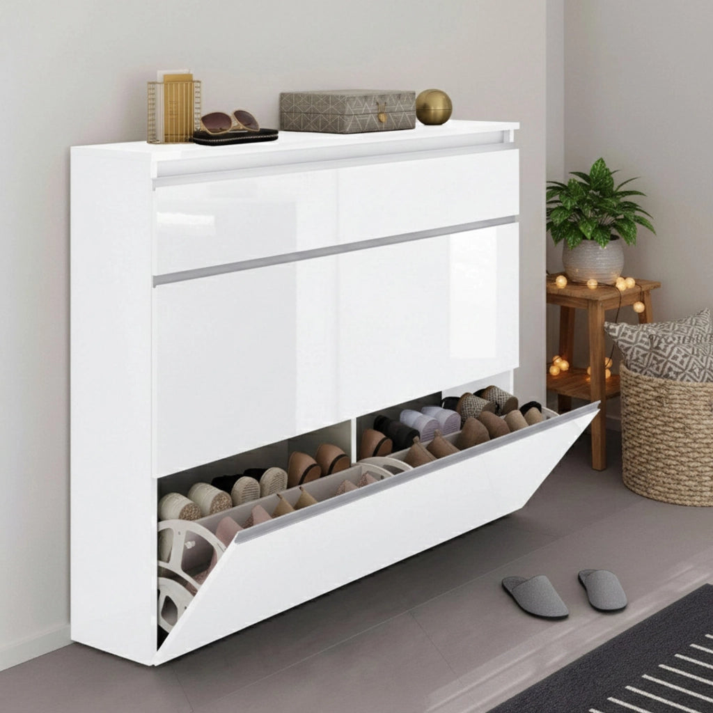 Mobile Portascarpe Amuri, Scarpiera 24 Paia Made in Italy, 120x27x108h cm Bianco Lucido