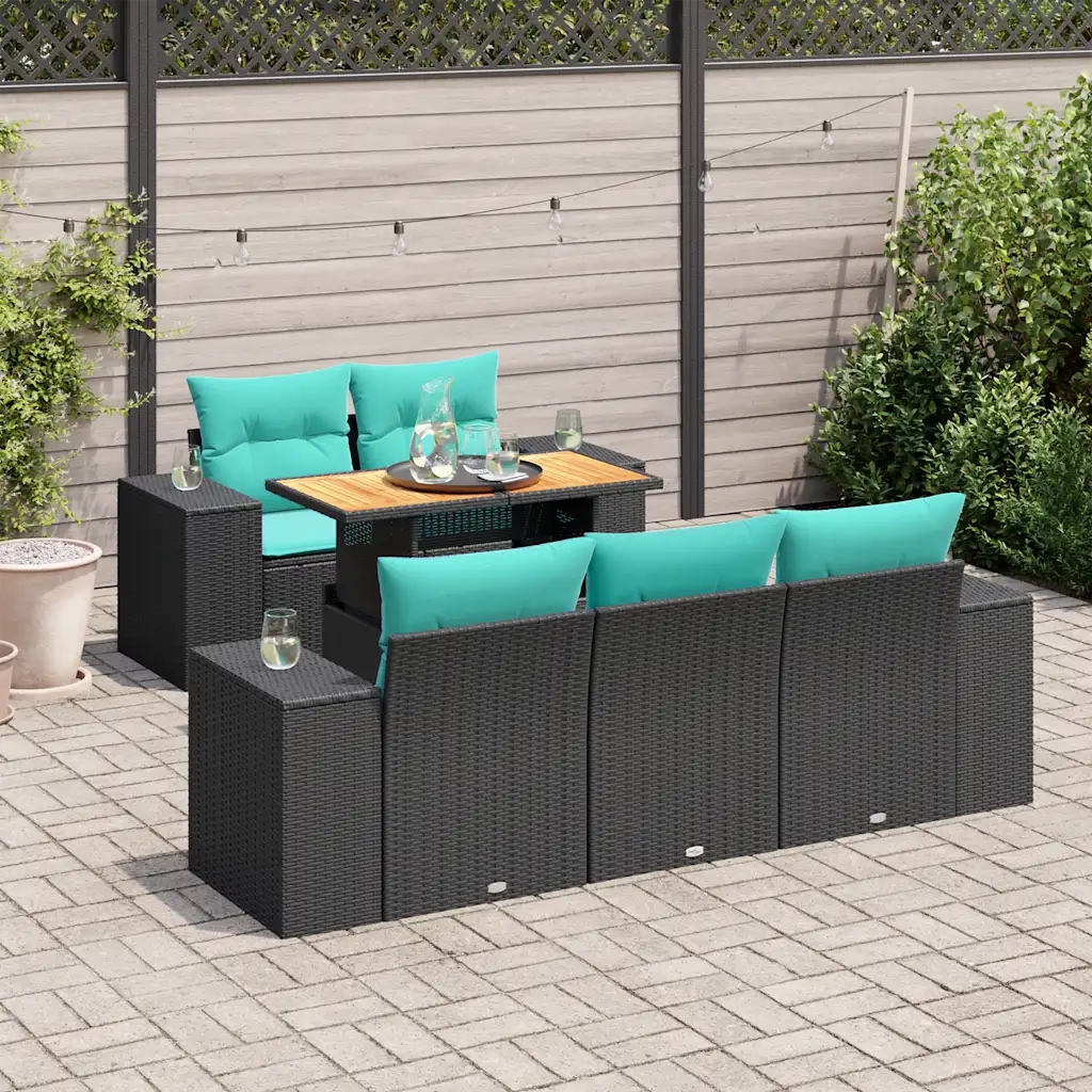 Set Divano da Giardino 6 pz con Cuscini Nero in Polyrattan