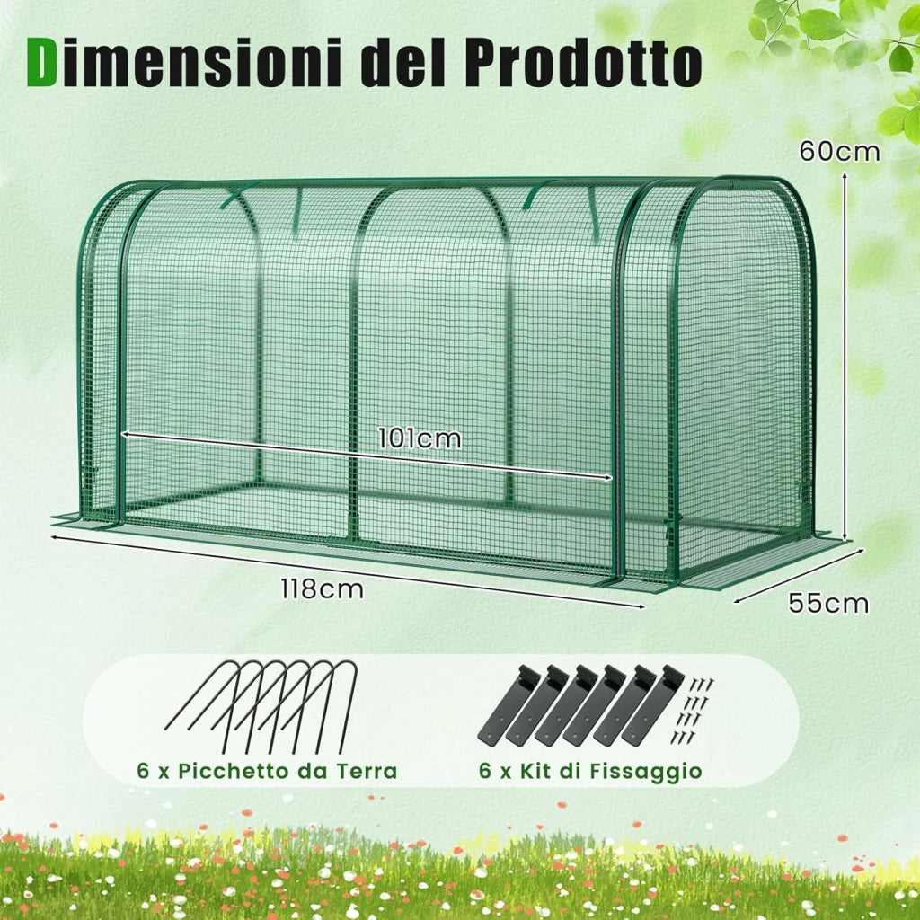 Mini Serra 118 x 55 x 60 cm, Serra con Copertura Impermeabile e Protettiva dal Sole in PE, Struttura Metallica Resistente alla Ruggine e Porta con Cerniera Arrotolabile (Verde)