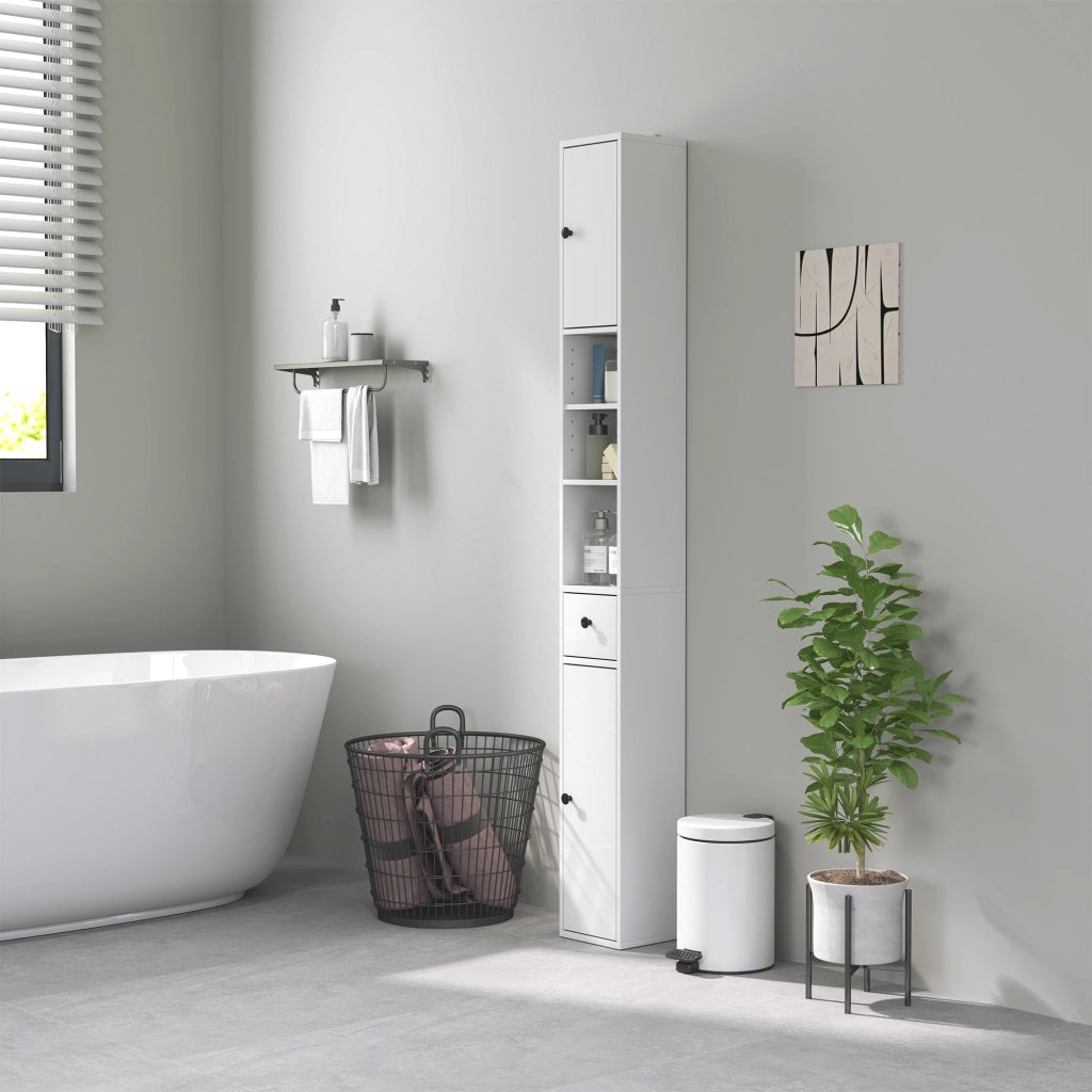 Colonna Bagno Salvaspazio 20x20x178 cm con Armadietti Ripiani Aperti e Cassetto in Legno Bianco