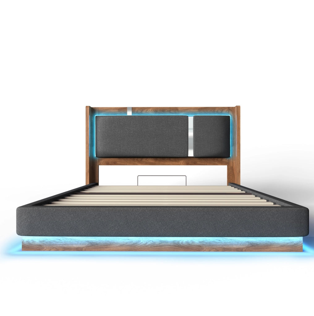 Letto 180x200 cm con contenitore idraulico e LED, in lino, legno e metallo grigio e noce