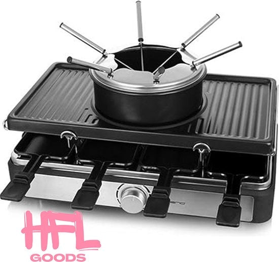 Griglia a 3 in 1 per Raclette e Fondue - Set Gourmet Multifunzione - Fondue - Fonduta - Griglia a Raclette - 1400 W - 8 Persone