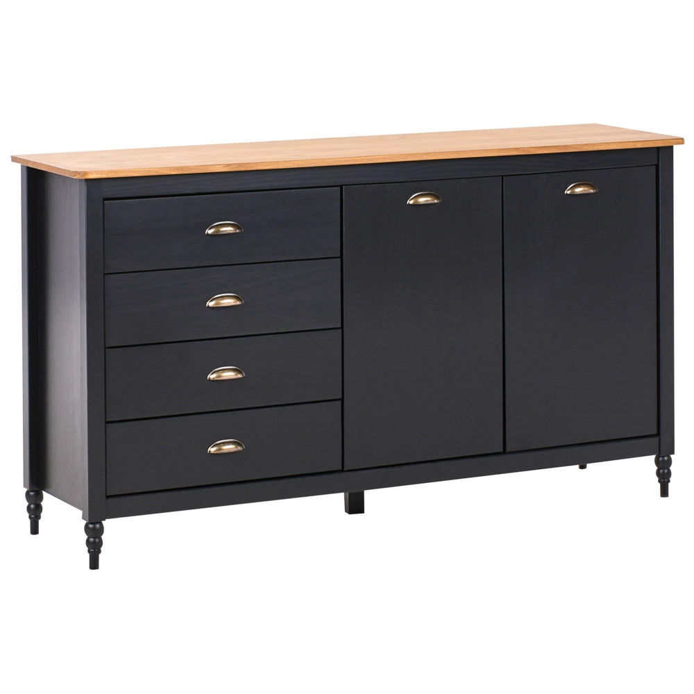 Credenza nera a 2 ante e 4 cassetti, mobile contenitore in stile scandinavo con piano in legno