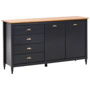 Credenza nera a 2 ante e 4 cassetti, mobile contenitore in stile scandinavo con piano in legno