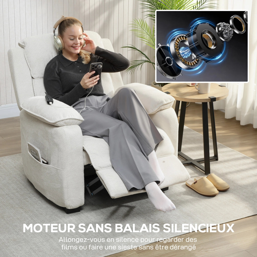 Poltrona relax elettrica reclinabile con poggiapiedi, tasche laterali e telecomando ¨C zephmum ¨C 86x90x103cm crema