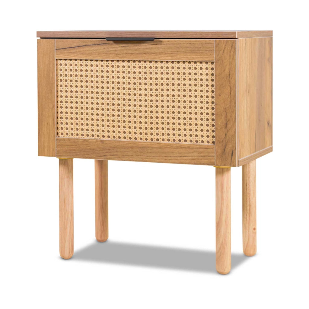 Ikki - Comodino in legno con inserti in rattan, 1 cassetto