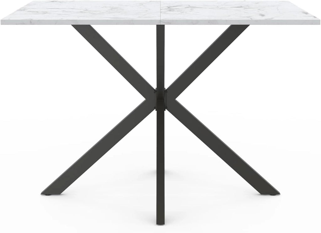 ALASKA Mesa de comedor para 4 personas con efecto mármol blanco y pata de araña de metal 110 cm