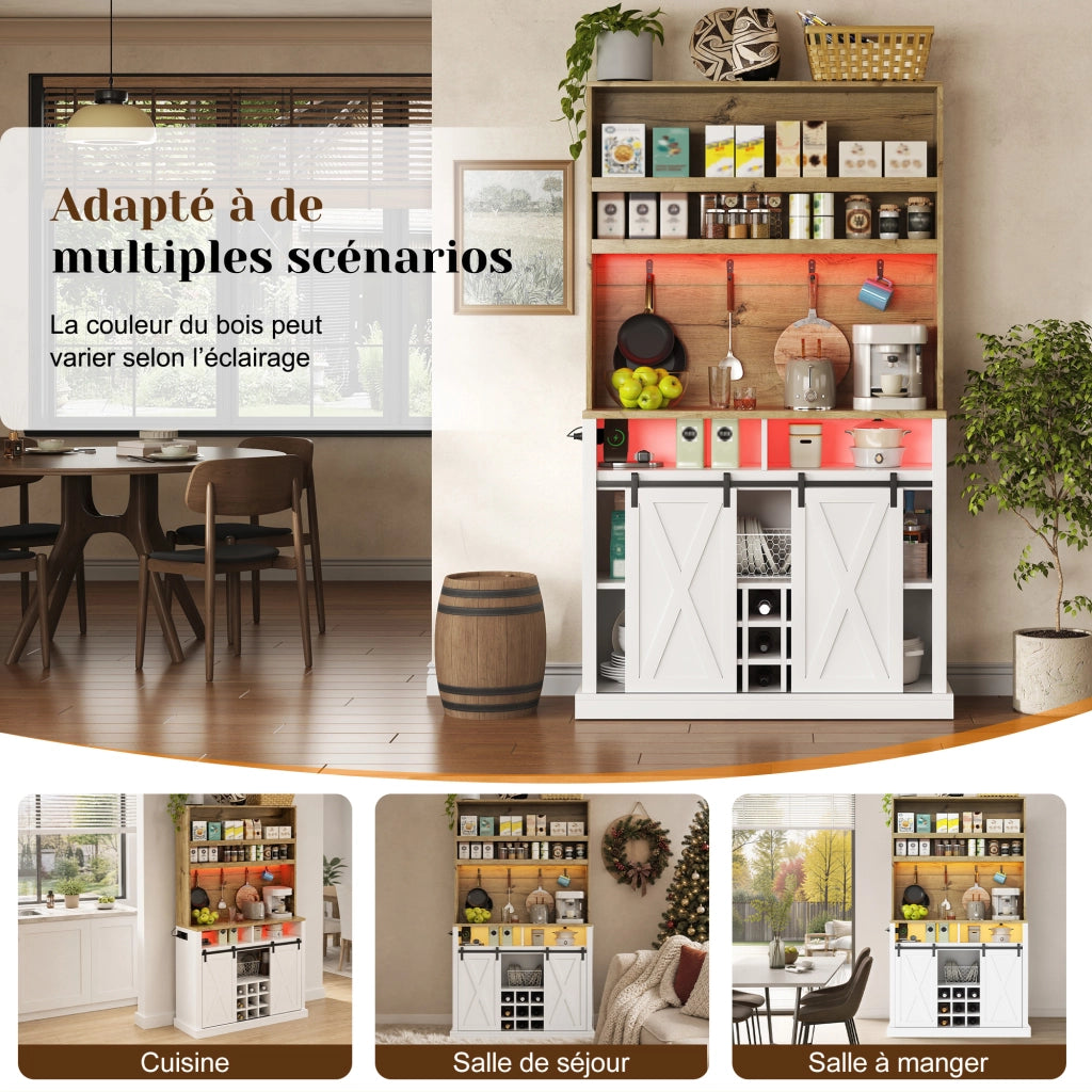 Credenza da cucina alta con LED; 2 prese; 2 porte USB; ganci; ripiani aperti e vetrina; per cucina e sala da pranzo; 40 × 110 × 191 cm