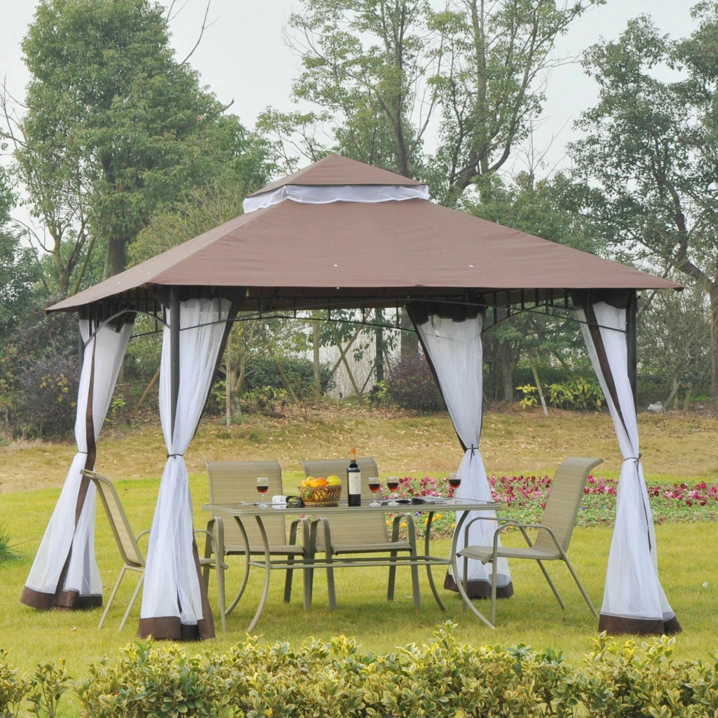 Gazebo da Giardino 3x3m con Zanzariera in Metallo e Poliestere Marrone e Bianco
