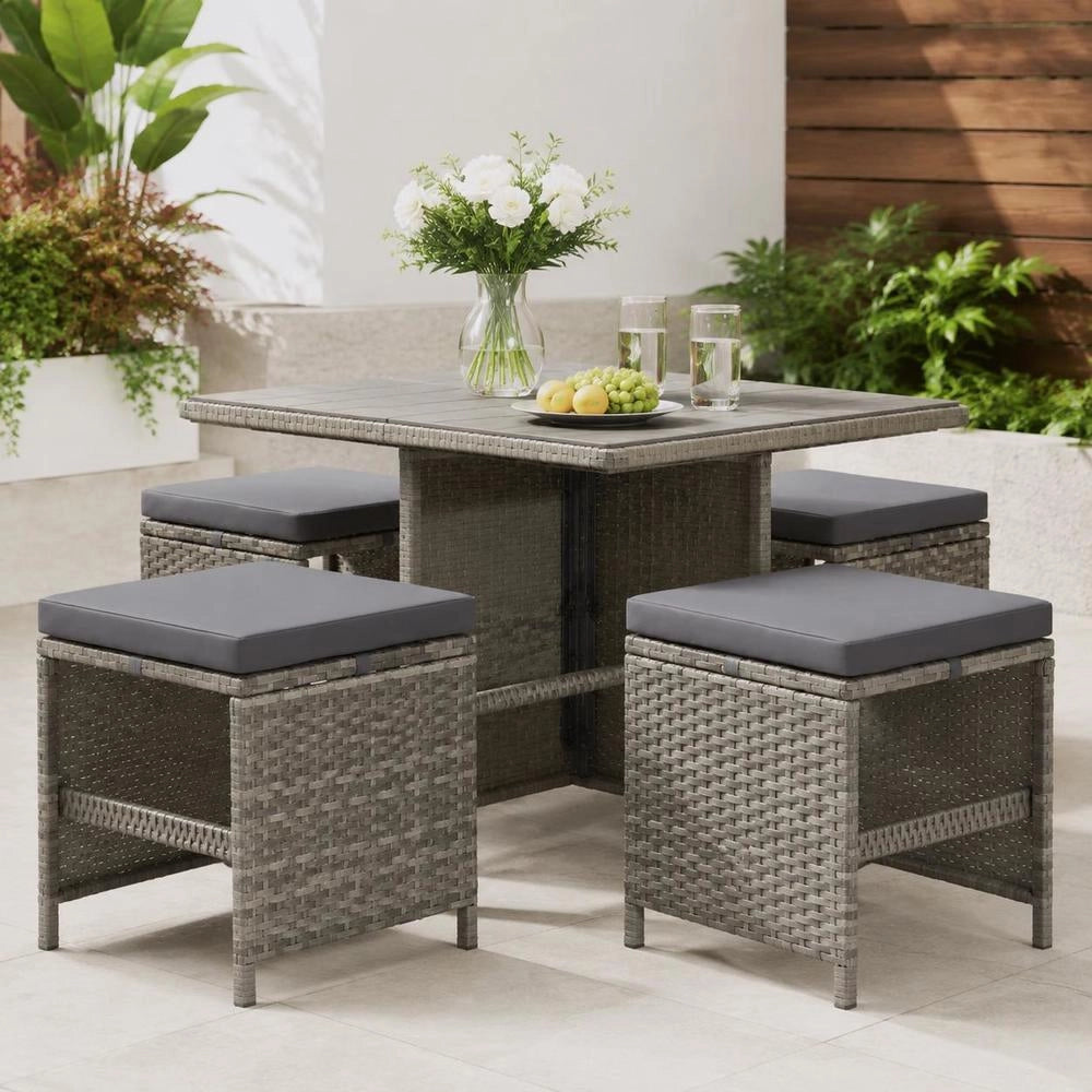 Garden Stools, Set Of 4, With Seat Cushions, Poly Rattan, Grey
