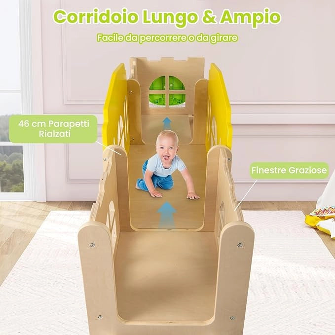 7 in 1 Set da Scivolo per Bambini, Parco Giochi in Legno Interno ed Esterno con Arrampicata Canestro da Basket Corridoio Tunnel, Forma di Castello per Bambini 3 Anni +