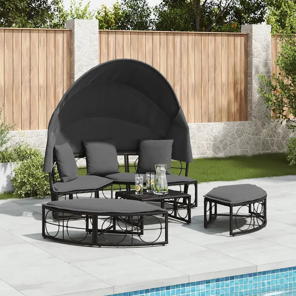 Lettino Prendisole Esterno Tetto e Cuscini Nero in Polyrattan