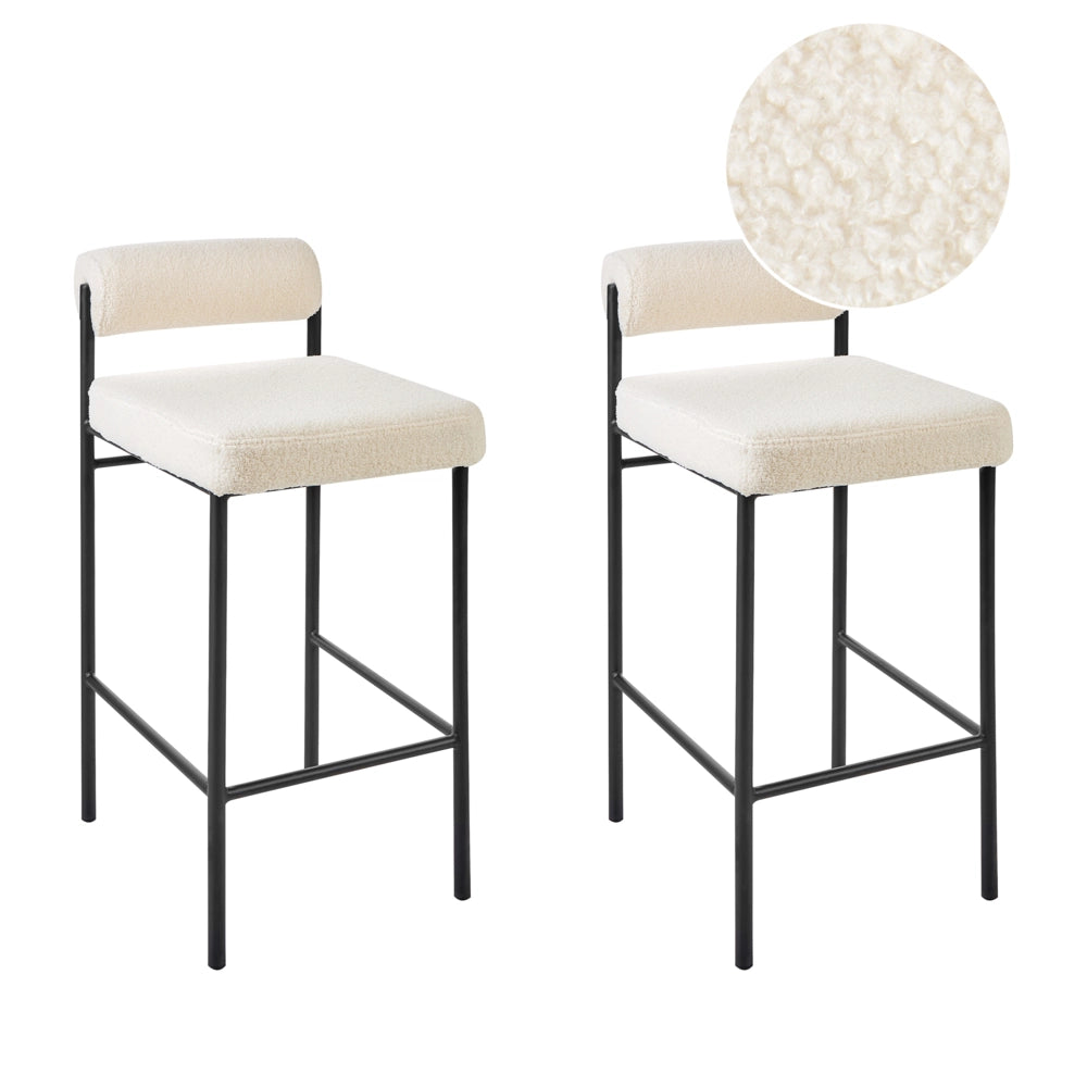 Set di 2 sedie da bar Rivestimento in poliestere boucle bianco Gambe in metallo nero Sgabelli senza braccioli Schienale a rotolo Cucina moderna sala da pranzo