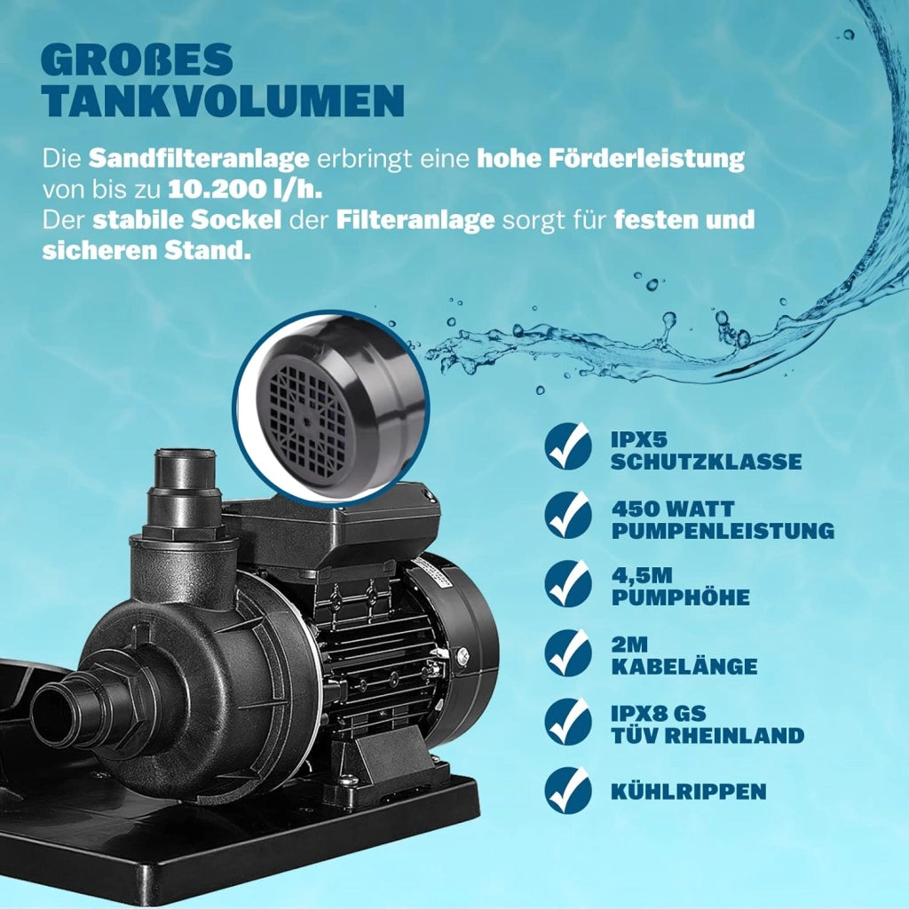 ® Filtro Acqua per Piscina SF102K 10.200 L/h Fino a 35.000L Palline Filtranti 1000gr Incl. Valvola a 7 Vie Adattatore 2in1 Ø32-38mm Pompa di Filtraggio 450W Filtri Piscine Pompe Filtranti