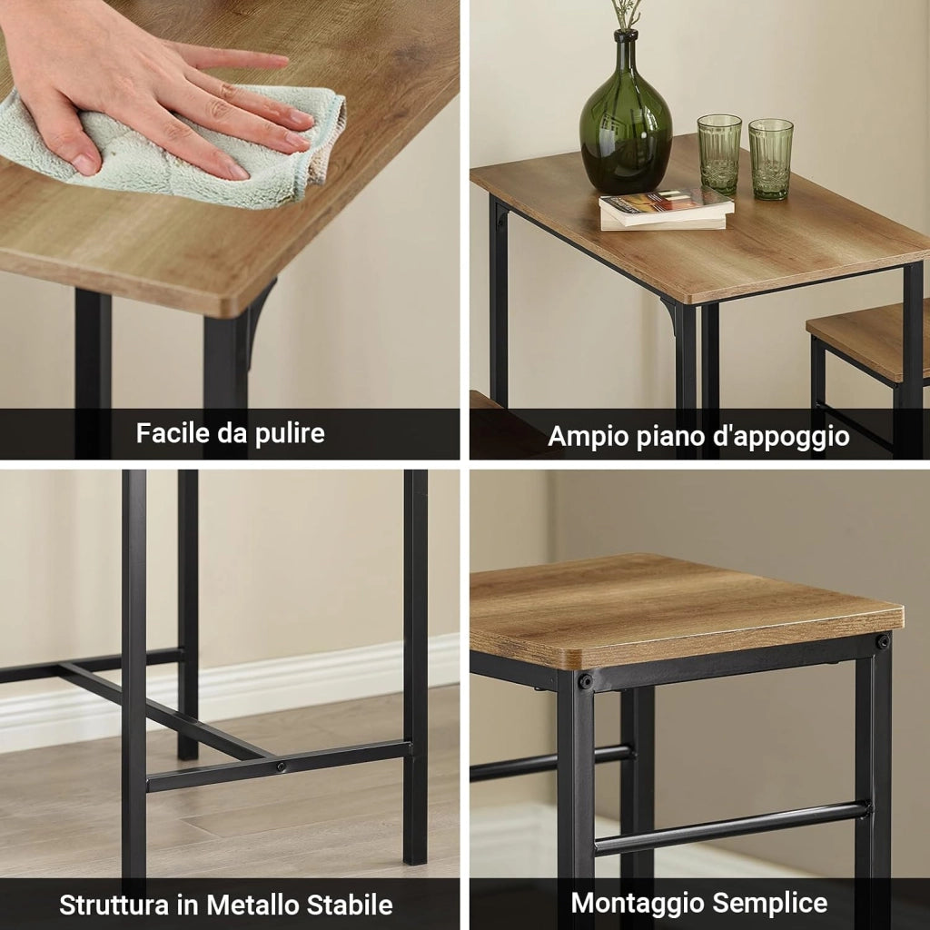 Set Tavolo da Bar Alto con 2 Sgabelli - Tavolo Salvaspazio per Cucina Piccola e Balcone, Stile Industriale Moderno - Tavolino Alto da Esterno per Giardino o Terrazzo OGT10-PF
