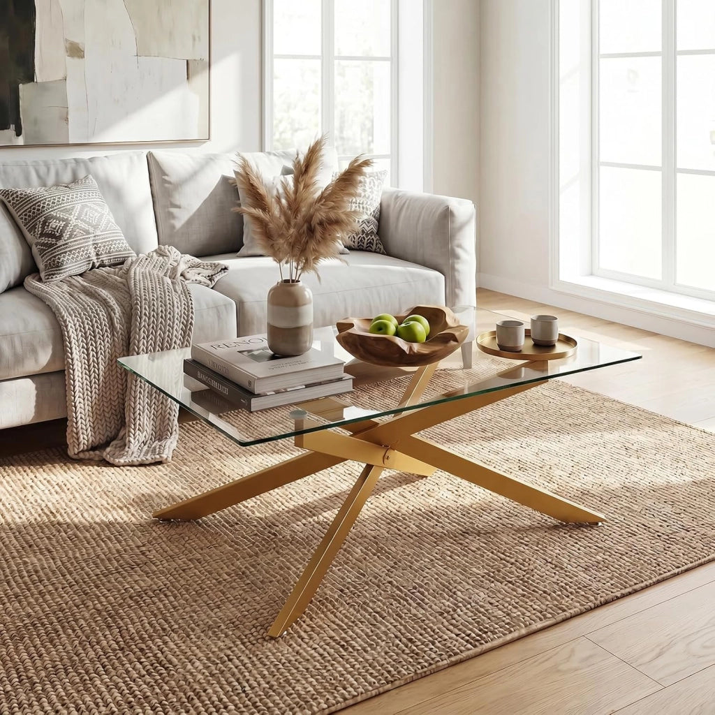Tavolino da Salotto con Piano in Vetro Temperato, Gambe Incrociate e Piedini Regolabili, Tavolo Basso in Stile Industriale per Soggiorno, Camera da Letto, Ufficio, 120 X 60 X 45,5 CM (Dorato)