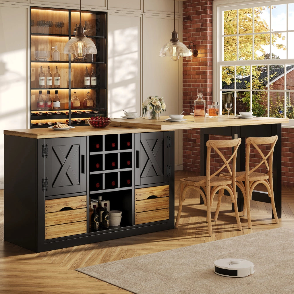 Tavolo allungabile con credenza, piano girevole 360°, 1 cassetto, per cucina e soggiorno, nero, 120 × 40 × 72 cm